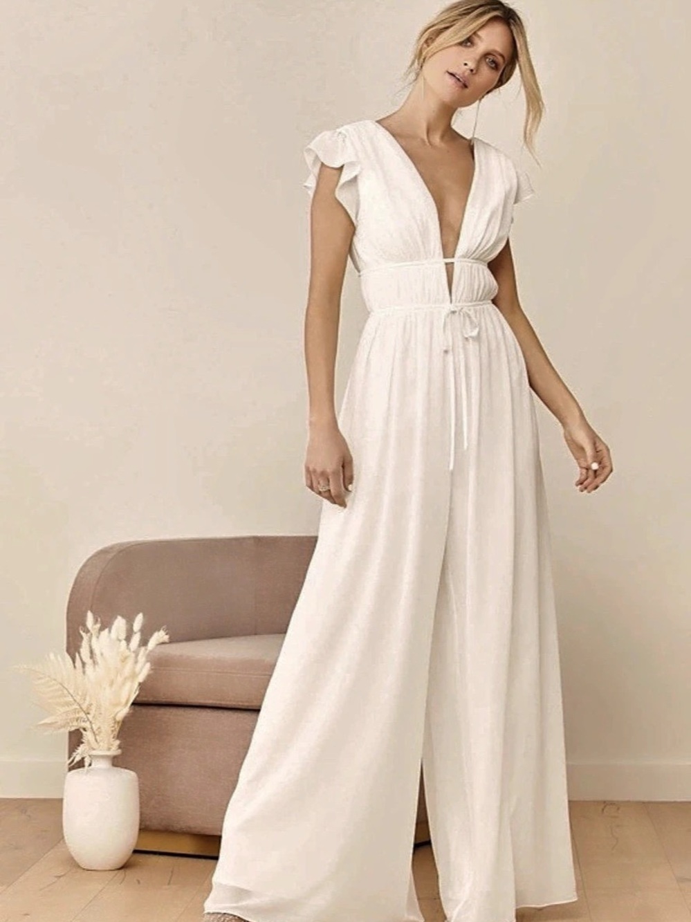 Lulus Our Love Song White Ruffled Wide-Leg Jumpsuit Size Small